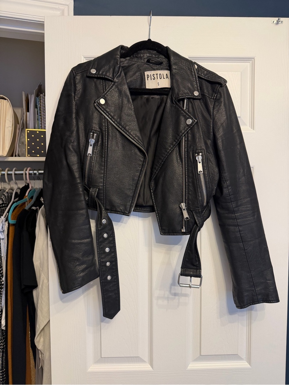 pistola Black Cropped Leather Moto Jacket with Belt